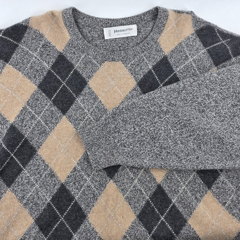 Johnstons  Of Elgin Mens Cashmere Argyle Beige/Gray Crewneck Sweater Size 50 2XL